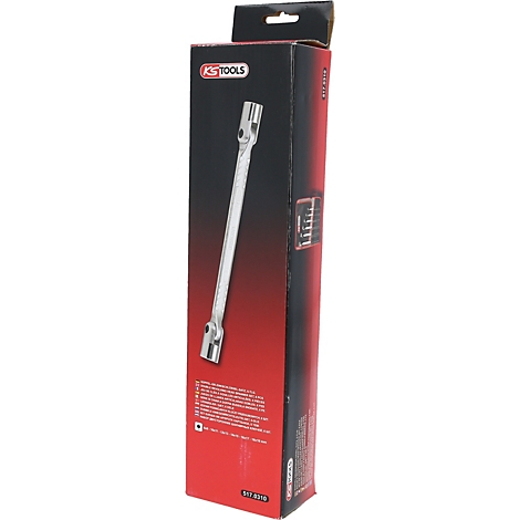 Verpackung mit einem silbernen KS TOOLS Werkzeug. Schwarzer Hintergrund mit rotem Akzent und Logo. Produktname und weitere Informationen sind sichtbar.